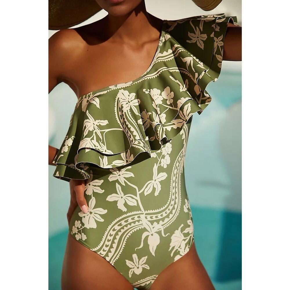 Encantadore Green Floral Print One Shoulder Ruffle Abigail Swimsuit S